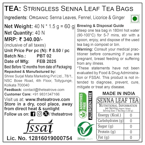 Image of The Tea Trove Senna Leaf Tea Bags - 40 Tea Bags - blend of Senna leaves with fennel, licorice root & ginger - Sonamukhi leaves blend | 60 gm, Pack of 1