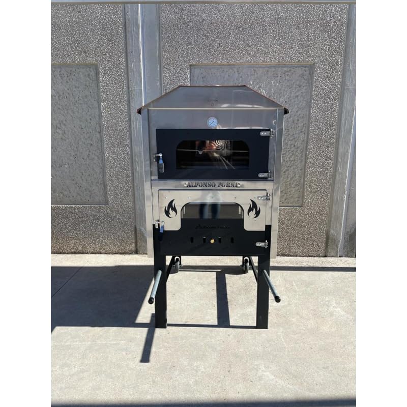 Forno a Legna Fuoco Indiretto Mattoni refrattari Portatile In Acciaio Da Esterno Girarrosto Automatico Ventilato 3 Livelli Di Cottura,Pizza Pane Pollo Kebab Luxor V2 Plus Girarrosto