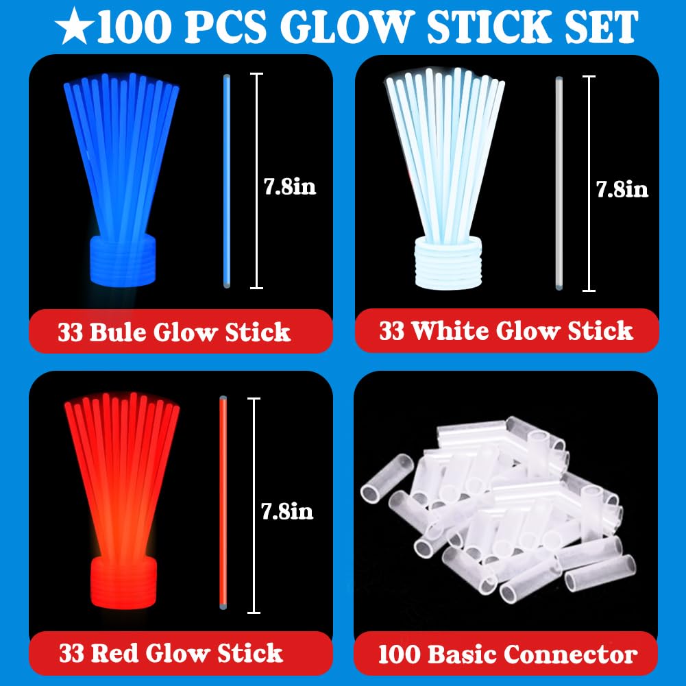 CAMIRUS Lot de 100 bracelets phosphorescents patriotiques de 20,3 cm - Rouge, blanc et bleu - Bâtons lumineux dans le noir - Fournitures de fête pour fêtes patriotiques