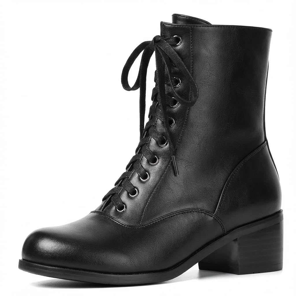 Womens Victorian Boots Vintage Lace Up Boots For Women Short Ankle Booties Side Zipper Round Toe Chunky Heel
