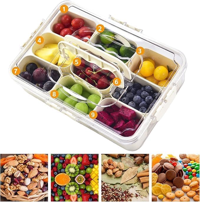 Image of Divided Fridge Storage Boxes With Serving Veggie Tray with Lid and Handle, Fridge Organizer with Removable Compartment, Fridge Storage Containers (9 Compartment-1PCS)
