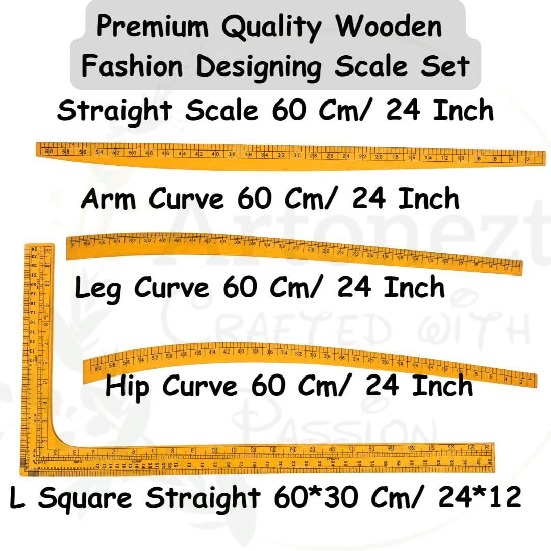 Artonezt Tailoring Stitching Yellow MDF Wood Fashion Designing Scale Kit Sewing Pattern Making Ruler Set Tools and Accessories Tailor Armhole Curve, Dressmaker Yardstick Tools Set of 9 1