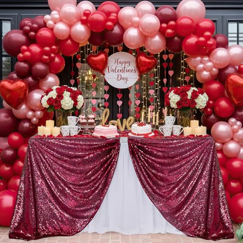 Image of B-COOL Rectangle Sequin Tablecloth Large 90x156 Inch Party Tablecloths Glitter Table Linen for Birthday Wedding Baby Shower Christmas Holiday Banquet Decoration,Burgundy