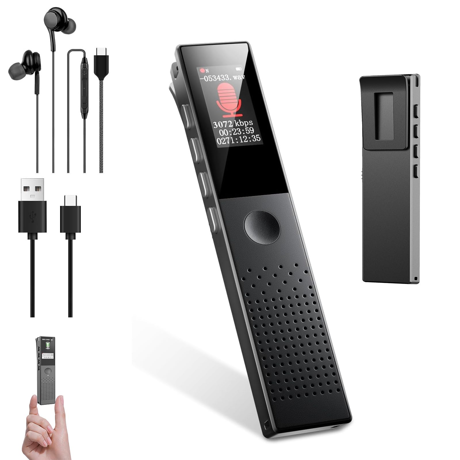Digital Voice Recorder, Diktiergerät Aufnahmegerä mit Playback - 3072Kpbs One-Touch Audioaufnahmegerät mit Rauschunterdrückung für Klassen/Meeting/Interviews