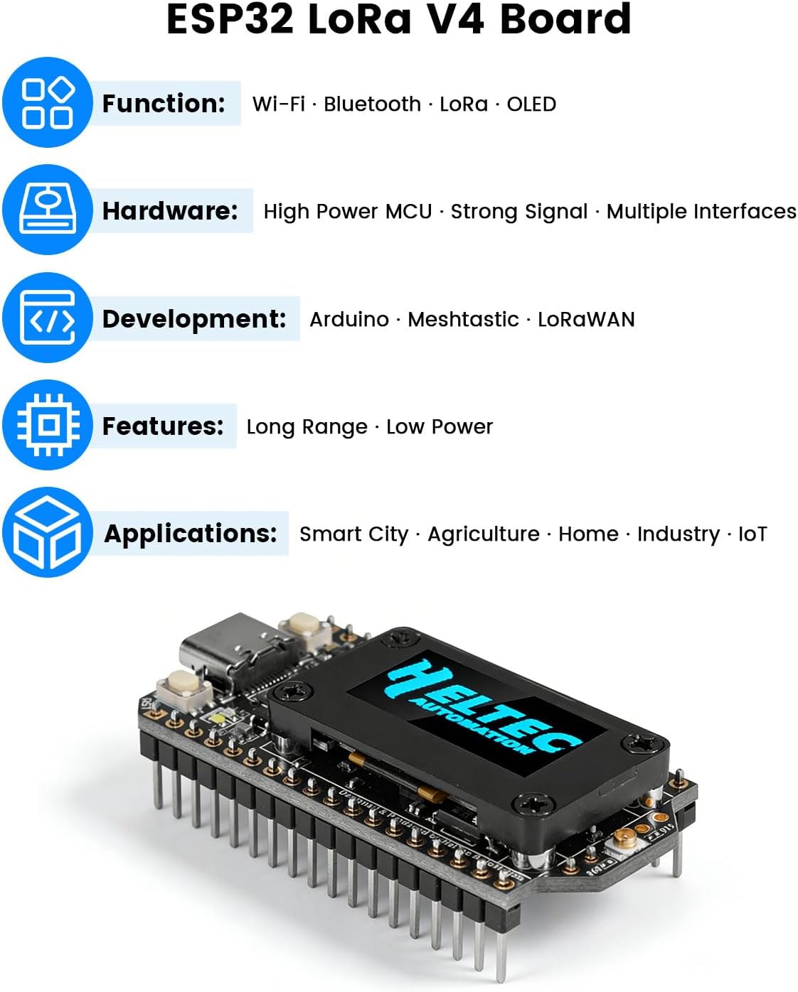 LoRa32 V4 ESP32 Development Board with OLED Display, GPS Module, SX1262 27dBm Chip, 915 MHz Antenna + Adapter & 3000 mAh Battery, Compatible with Arduino IDE for IoT, Meshtastic & LoRaWAN Projects