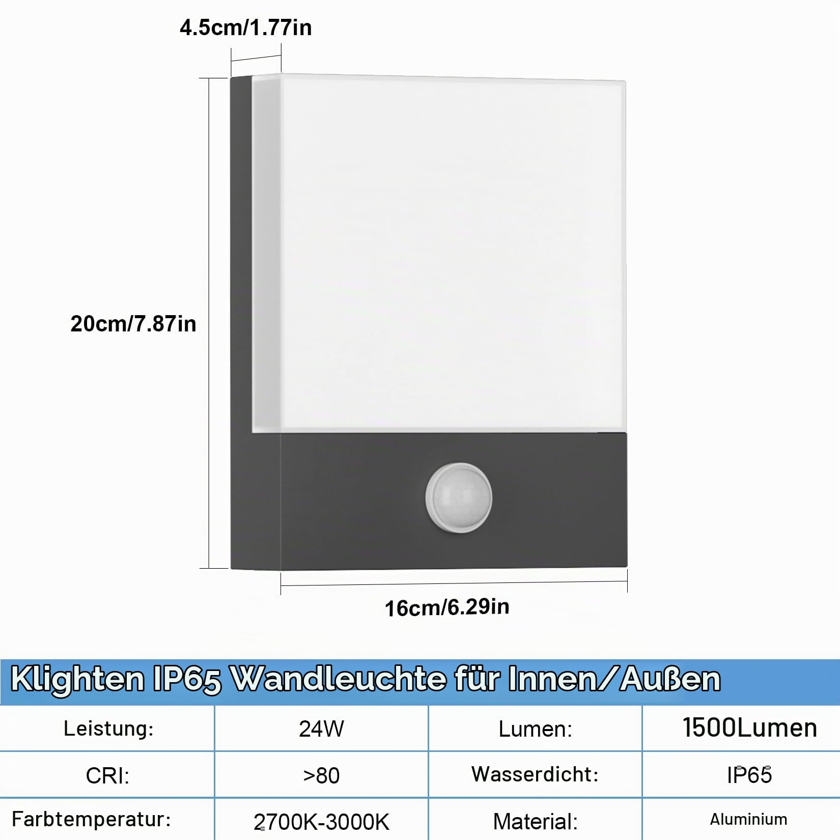 Klighten 24W LED Außenwandleuchte mit Bewegungsmelder Dunkelgrau IP65 3000k