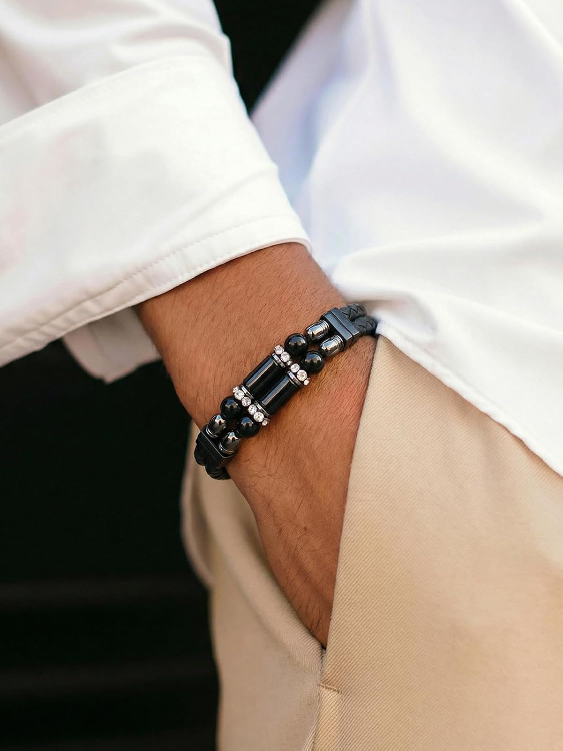 Mens Leather Turquoise/Tiger Eye/Obsidian/Lava Stone Bracelet–Braided Multi‑Layer Wristband Cuff Bangle Barcelet–Jewelry Box and Pouch Packing - Image 2