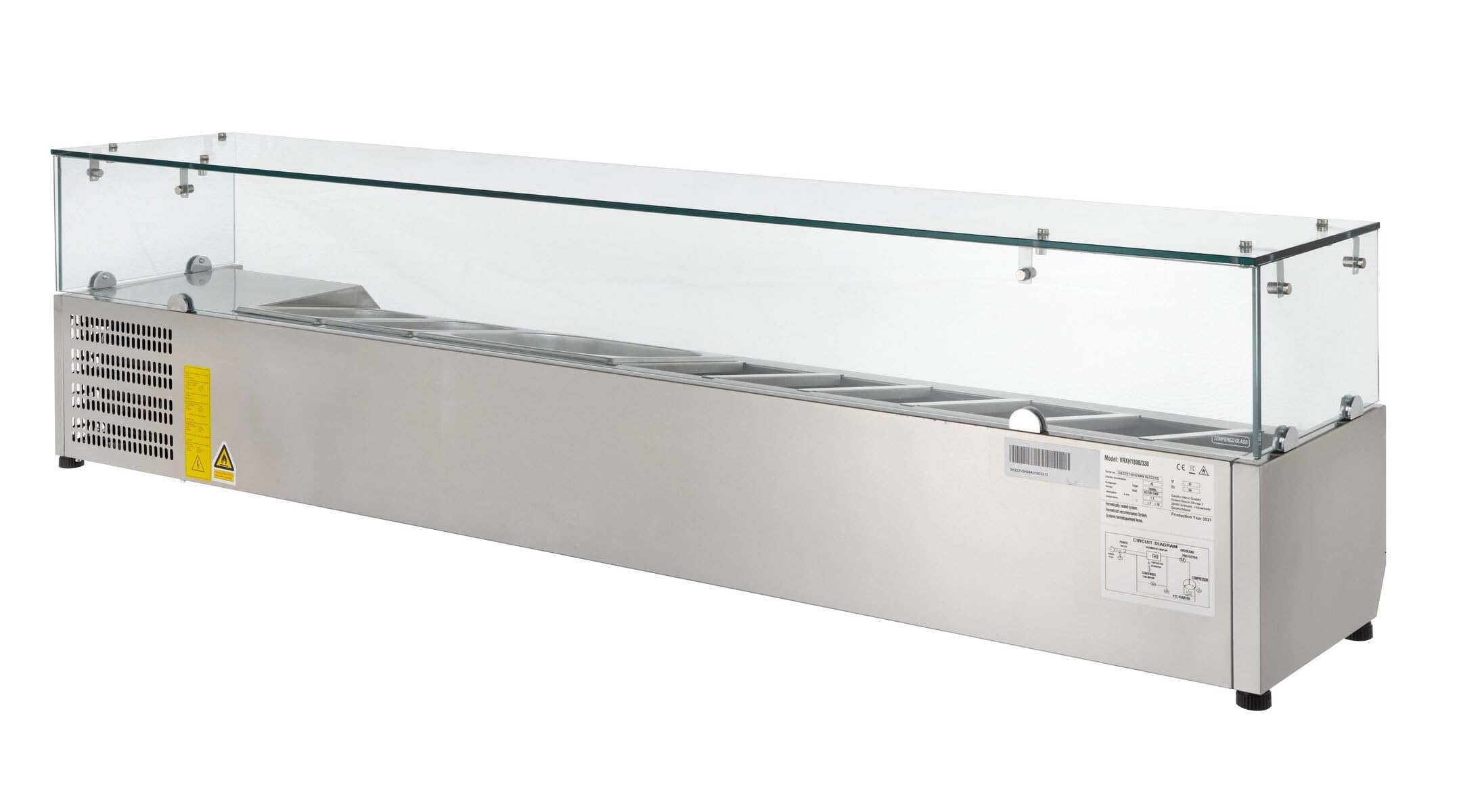 GastroHero Kühlaufsatz 8 x GN 1/4 mit Glasaufsatz, Edelstahl VRXH1600/330 | Kühlaufsatzvitrine 160 x 33 x 42 cm, digitales Thermostat, inklusive 5 Zwischenstege, mit statischer Kühlung 2 bis +8 °C