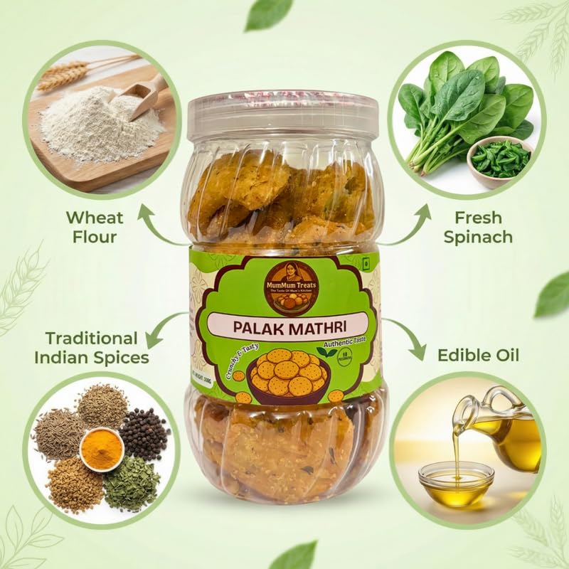 Image of MumMum Treats Palak Mathri | Crispy & Flaky Tea-Time Snack | Savoury Spinach Nasta for Anytime Cravings | 300g