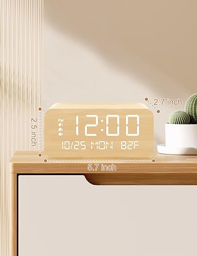 Miniatura 7 de JALL Reloj despertador digital, con pantalla LED electrónica de madera, 3 ajustes de alarma, carga inalámbrica de 10 W, día de la semana, detección
