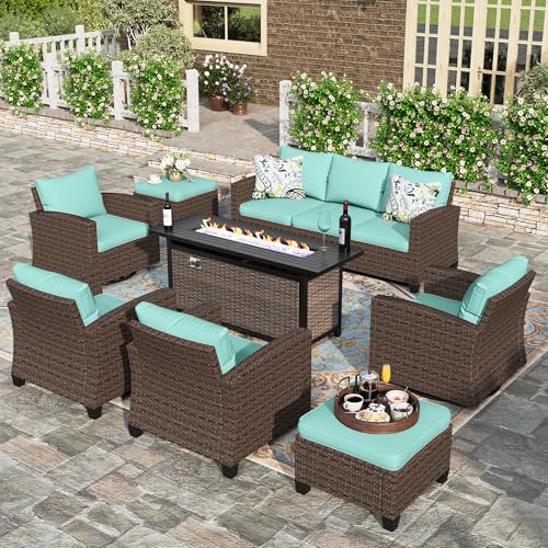 HERAS HOUSE Patio Furniture Set with Outdoor Swivel Glider Chairs 56 Fire Pit Table with Ottomans 8 Pieces Outdoor Sectional Conversation Set 4 Waterproof Cushions for Lawn Deck Backyard Blue