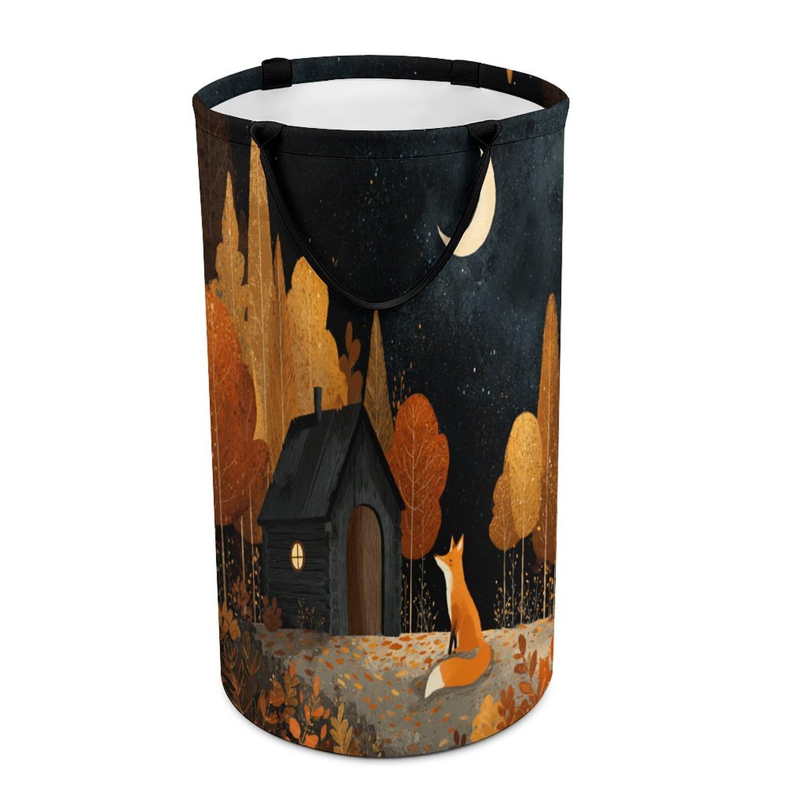 LUYYSKY Cute Anime Wildlife Fox Versatile Storage Laundry Basket, Beautiful Rustic Autumn Forest Log Cabin Barn Animals Fox Large Capacity Bathroom Hamper With Handle