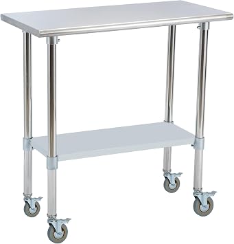 Stainless Steel Work Table 36L x24 D, NSF Commercial Food Prep Worktable with Adjustable Undershelf and Casters for Restaurant, Home and Outdoors 36L x24 D