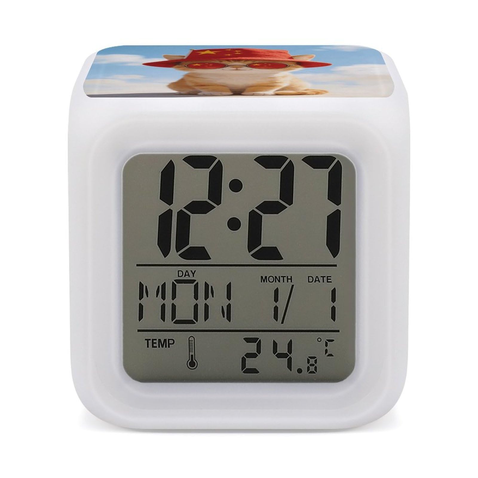 Reloj despertador digital de gato con sombrero, luz nocturna de 7 colores y temperatura