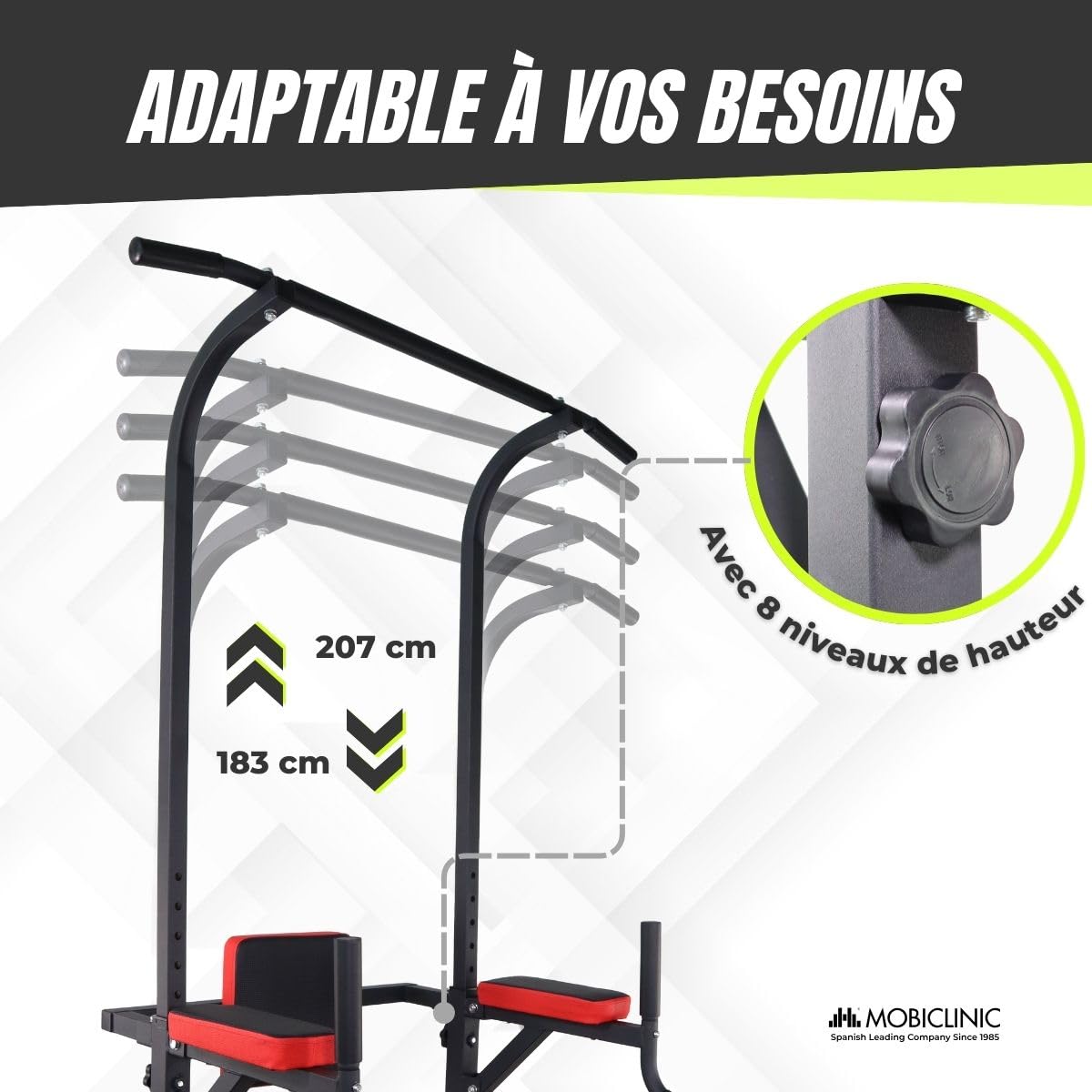 Mobiclinic®, Chaise Romaine Musculation, Réglable sur 8 Hauteurs, Power Tower Dip Station, Dossier Réglables, Tour de, Robuste, Sport Maison, Traction, Pull Up, Multifit