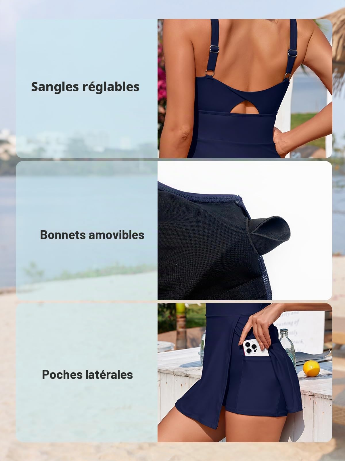 SHEKINI Maillot de Bain Femme 1 Pieces Jupe Fendue Shorts intégrés avec Poche Contrôle du Ventre Push Up Rembourré Col en U Swimsuit Élégant
