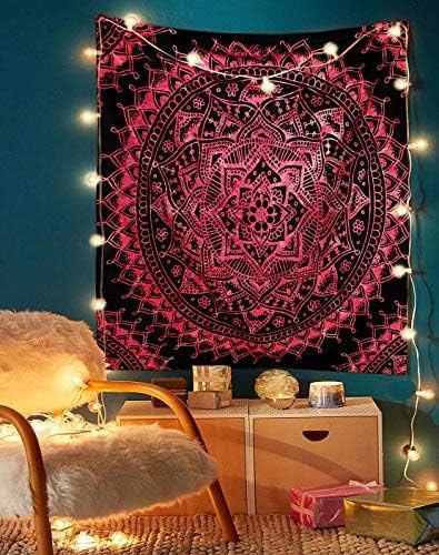 The Indian Craft Blak and Pink Tapestry, Psychedelic Mandala Wall Hanging, Tie Dye Hippie Tapestries, Boho Bohemian Round Table Cloth Cover, Gypsy Cotton Home Decor Art