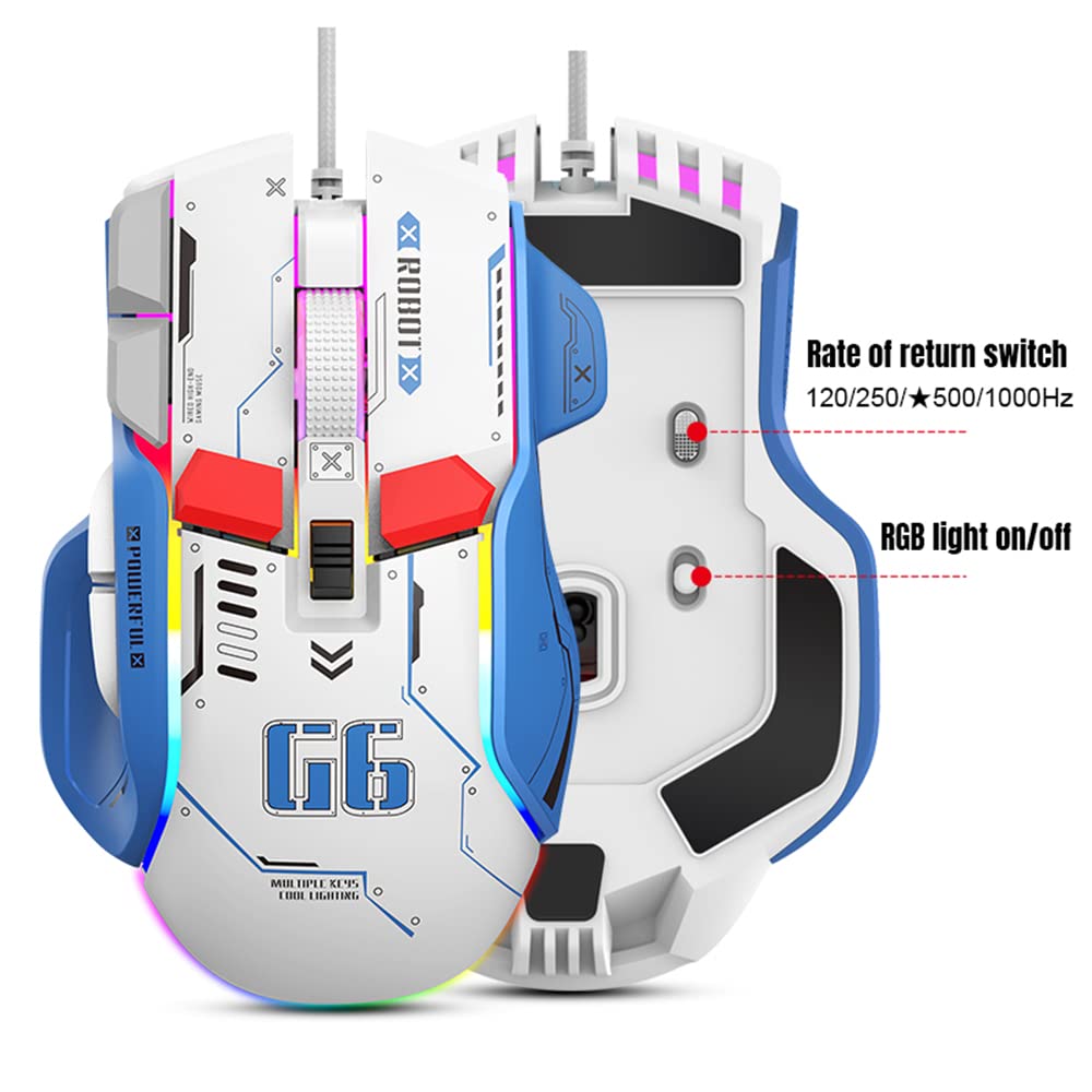 LJFLYXRI Ergonomiczna mysz do gier – konfigurowalna, wygodna i precyzyjnie sterowana, przewodowa mysz RGB dla graczy z 10 programowalnymi przyciskami dla najlepszych wrażeń z gry (biała)