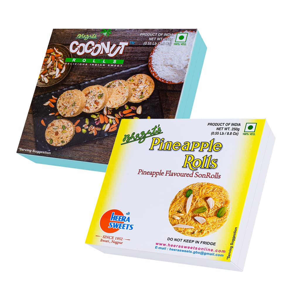 Bhagat's Heera Sweet Original Delicious Son Roll with Almonds and Pistachio Garnished | Soft Flaky Sweets Mithai Box | Preservatives Free | Combo Son Rolls (Coconut & Pineapple 250gm)