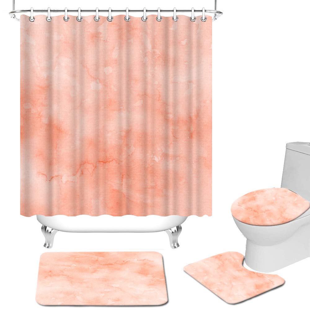 FuShvre Coral Bathroom Sets with Shower Curtain and Rugs 4 Pcs Abstract Marble Textured Pattern Bath Curtain Set Fabric Cloth Bathroom Decor Hooks Included