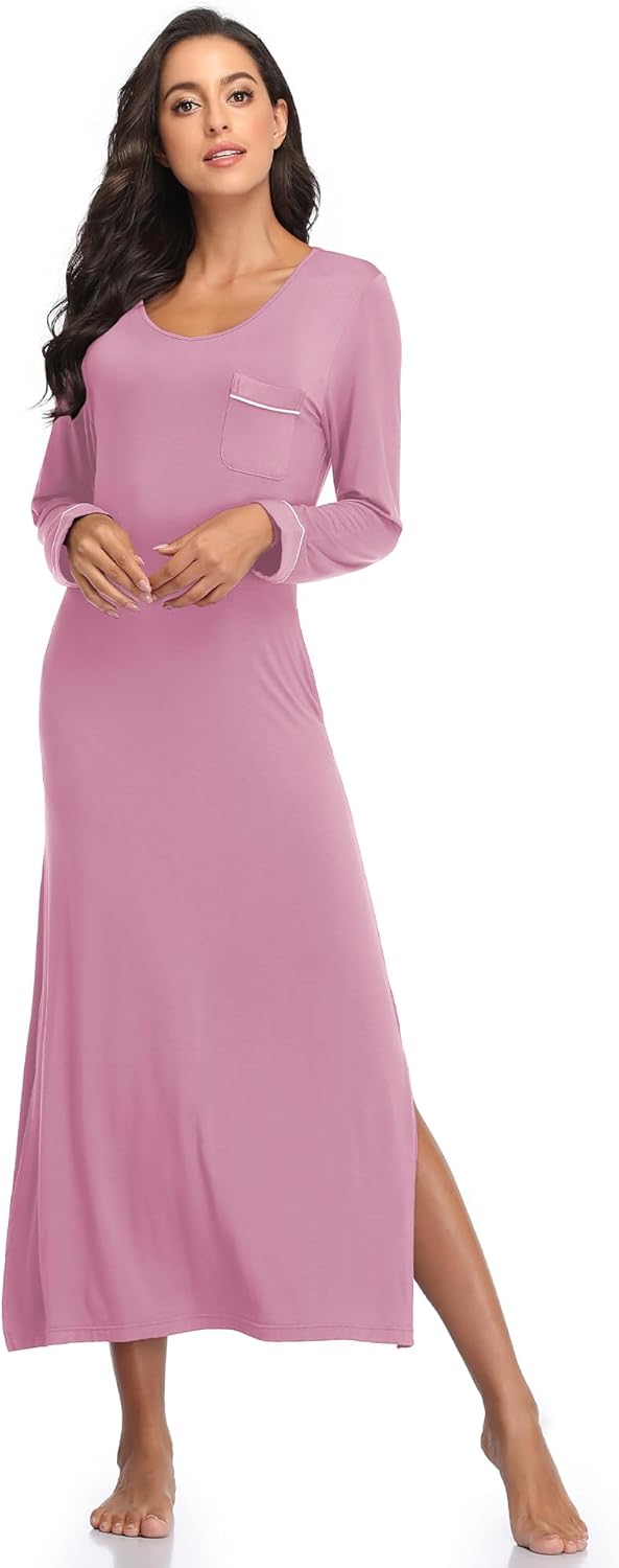 COLORFULLEAF Nightgowns for Women Long Sleeve V Neck Nightshirts Soft Full Length Sleepwear with Pockets - Image 6
