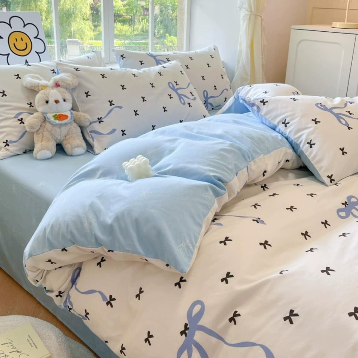 Sedefen Blue Bow Comforter Set Queen Size Black White Bows Comforter 3 Pieces Kids Boys Girls Cute Bowknot Printed Princess Style Soft Microfiber Aesthetic Bedding Set with 2 Pillowcases