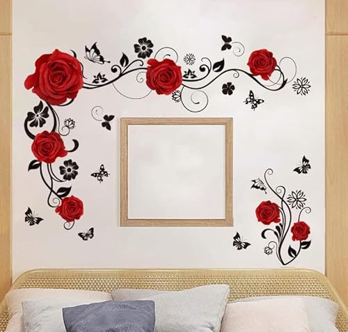 Wall Stickers Red Roses Black Vine Beard Butterflies Wall Decor Bathroom Kitchen Wall Art Mirror Stickers Wall Decorations