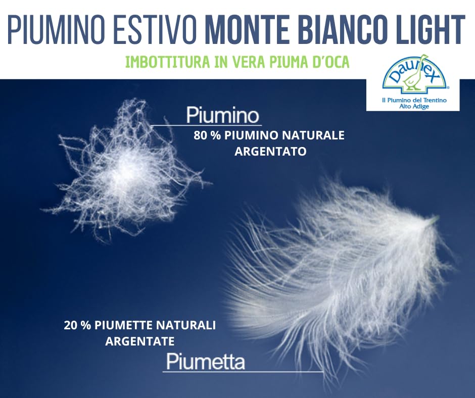 Piumino d’Oca DAUNEX Trentino Piazza Mezza 100% Piuma D'Oca Naturale Traspirante e Soffice Piumone ESTIVO Imbottitura 110 gr/mq Made in Italy Misura 200x200 cm Mod. MONTE BIANCO LIGHT