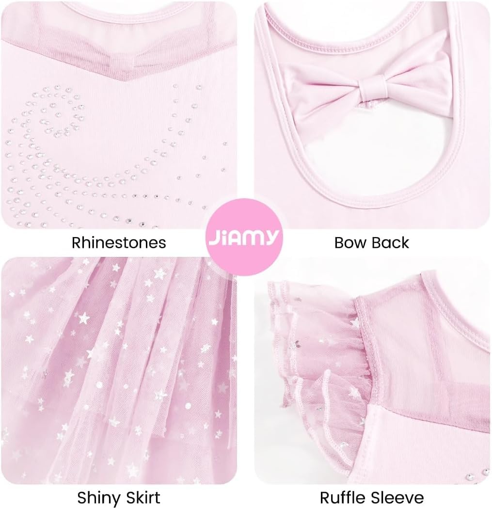 JiAmy Mädchen Ballettbekleidung Rüschenärmel Ballettkleid Kinder Ballett Outfit Tanzkleid Ballerina Kleid mit Rock Tütü für 3-10 Jahre
