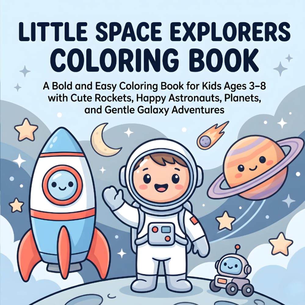 Little Space Explorers Coloring Book: A Bold and Easy Coloring Book for Kids Ages 3–8 with Cute Rockets, Happy Astronauts, Planets, and Gentle Galaxy Adventures