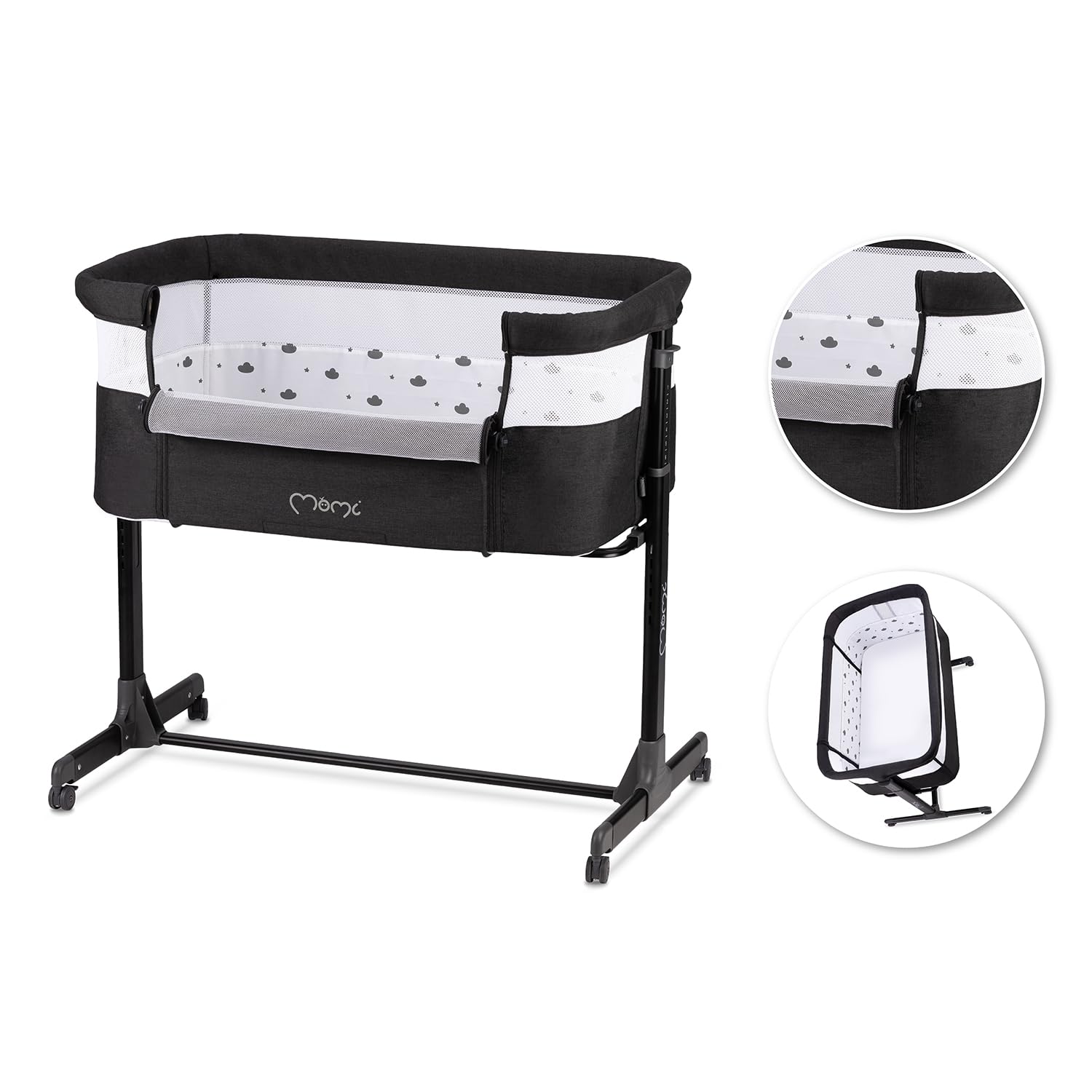 Momi REVO Lettino multifunzionale, con regolazione dell'altezza su 6 livelli da 72 a 82 cm, con rotelle, materassino incluso, cinghie di fissaggio, zanzariera e barra giochi