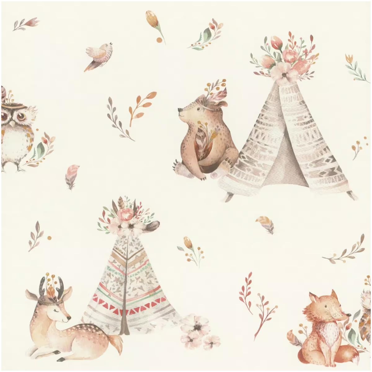 Yöl Beige / Cream Kids Wallpaper Woodland Animals Teepee Nursery Wallpaper Watercolour Forest Animal Design For Baby Bedroom Playroom Feature Wall Neutral Boho Style Non Woven Wallpaper