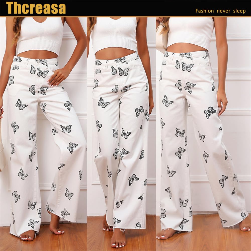 Pantalones Anchos Blancos Informales Sueltos, Pantalones Largos, Jeans Tipo Fregona De Pierna Recta con Mariposas