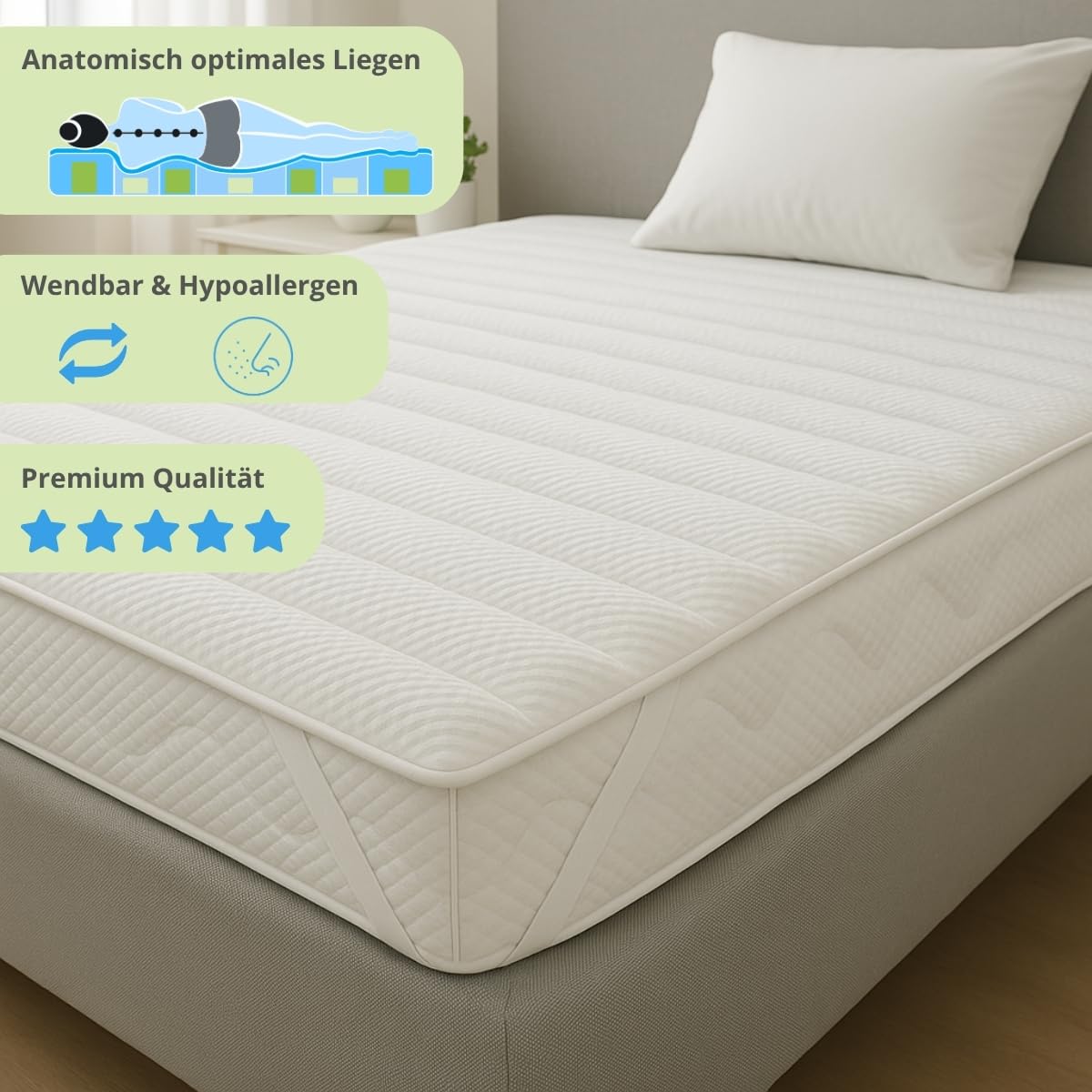Bodyprotect Kaltschaum Topper 180x200 cm, Matratzenauflage, Matratzenbezug 180 x 200 cm, Matratzentopper, Allergiker geeignet, Schoner für Matratze bis 30 cm, Oeko-TEX, Made in EU