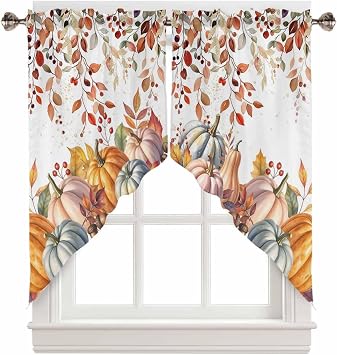 Fall Orange Pumpkins Swag Valances for Windows, Autumn Thanksgiving Decorative Topper Swag Curtains, Botanical Short Curtains for Small Window Bedroom/Bathroom Curtain Drapes 28"x36"x2