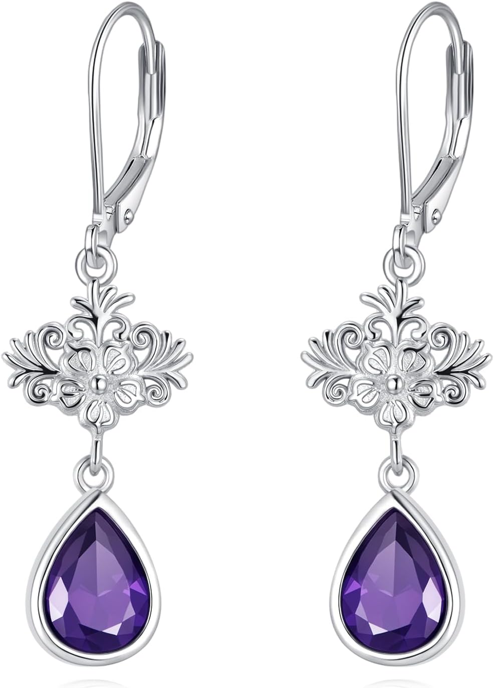 925 Sterling Silver Natural Amethsy Dangle Earrings for Women Vintage Boho Protection Energy Healing Crystal Teardrop Purple Gemstone Birthstone Jewelry for Her