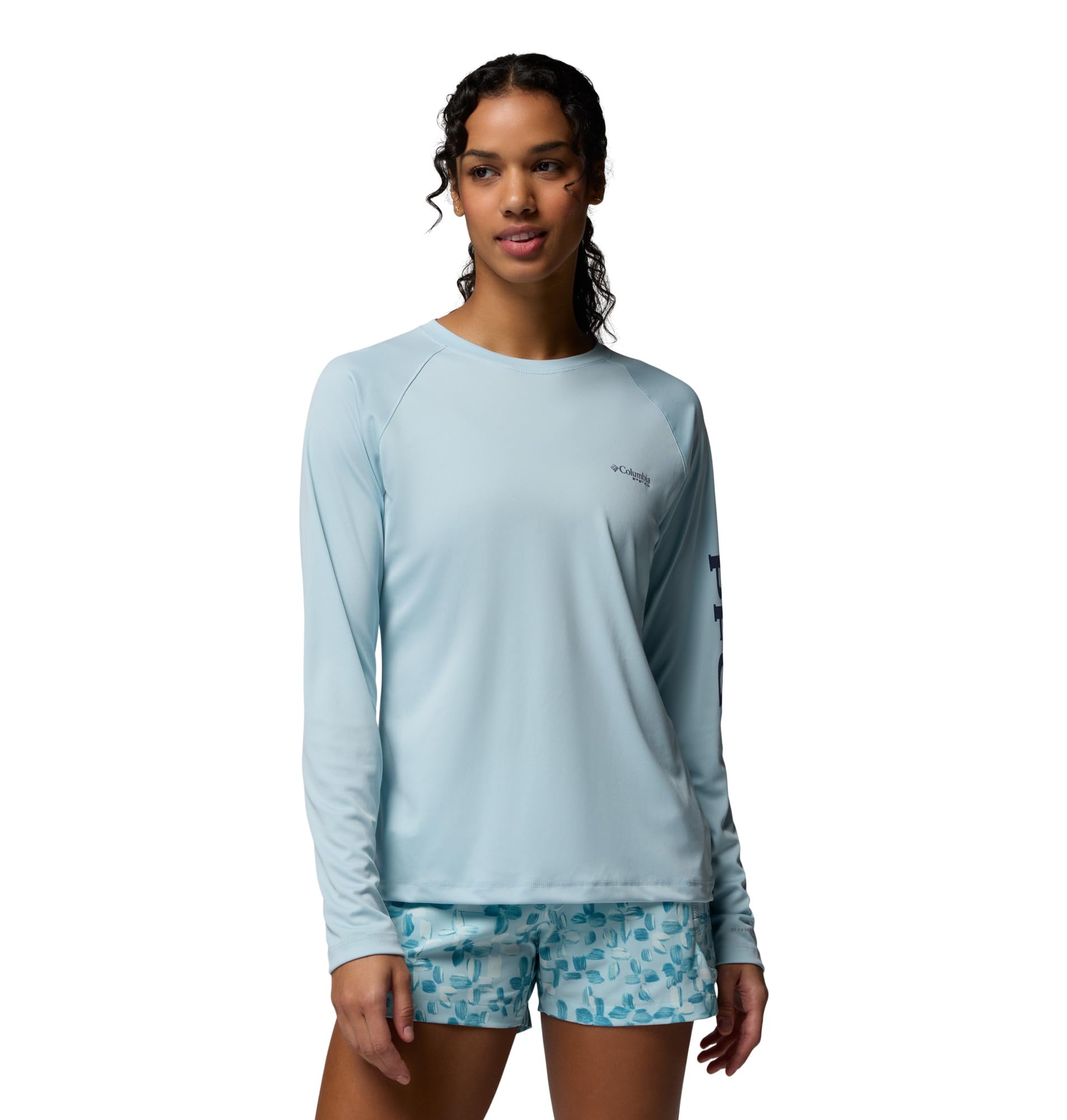 Columbia Women's PFG Tidal Tee II Long Sleeve Sun Protection Shirt, Marine Light/Nocturnal Logo, Large