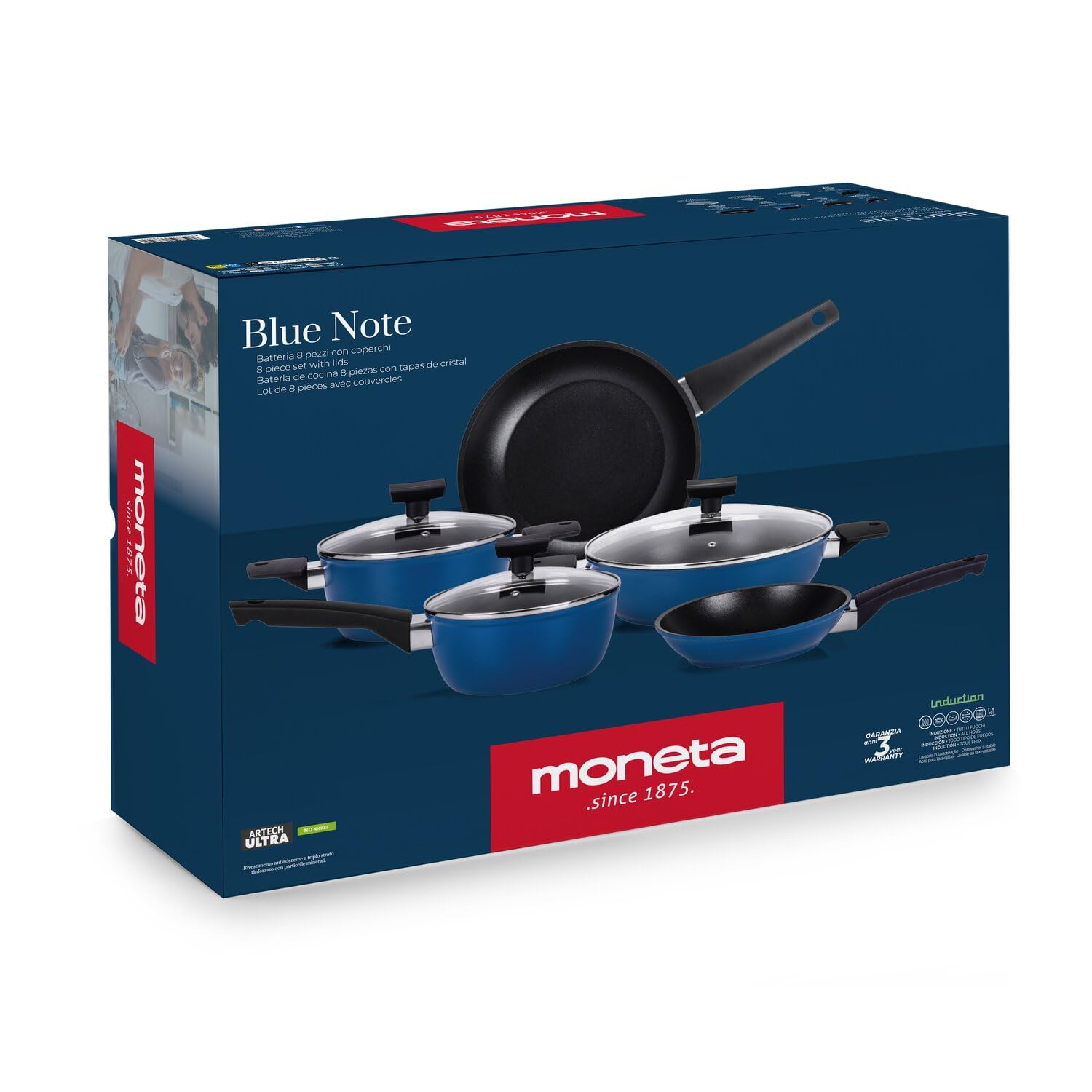 MONETA Batteria di Pentole e Padelle 8 Pezzi Blue Note - Set Pentole Induzione Antiaderenti con Fondo Spazzolato, Senza PFOA e Nichel, Adatta a Tutti i Pani Cottura