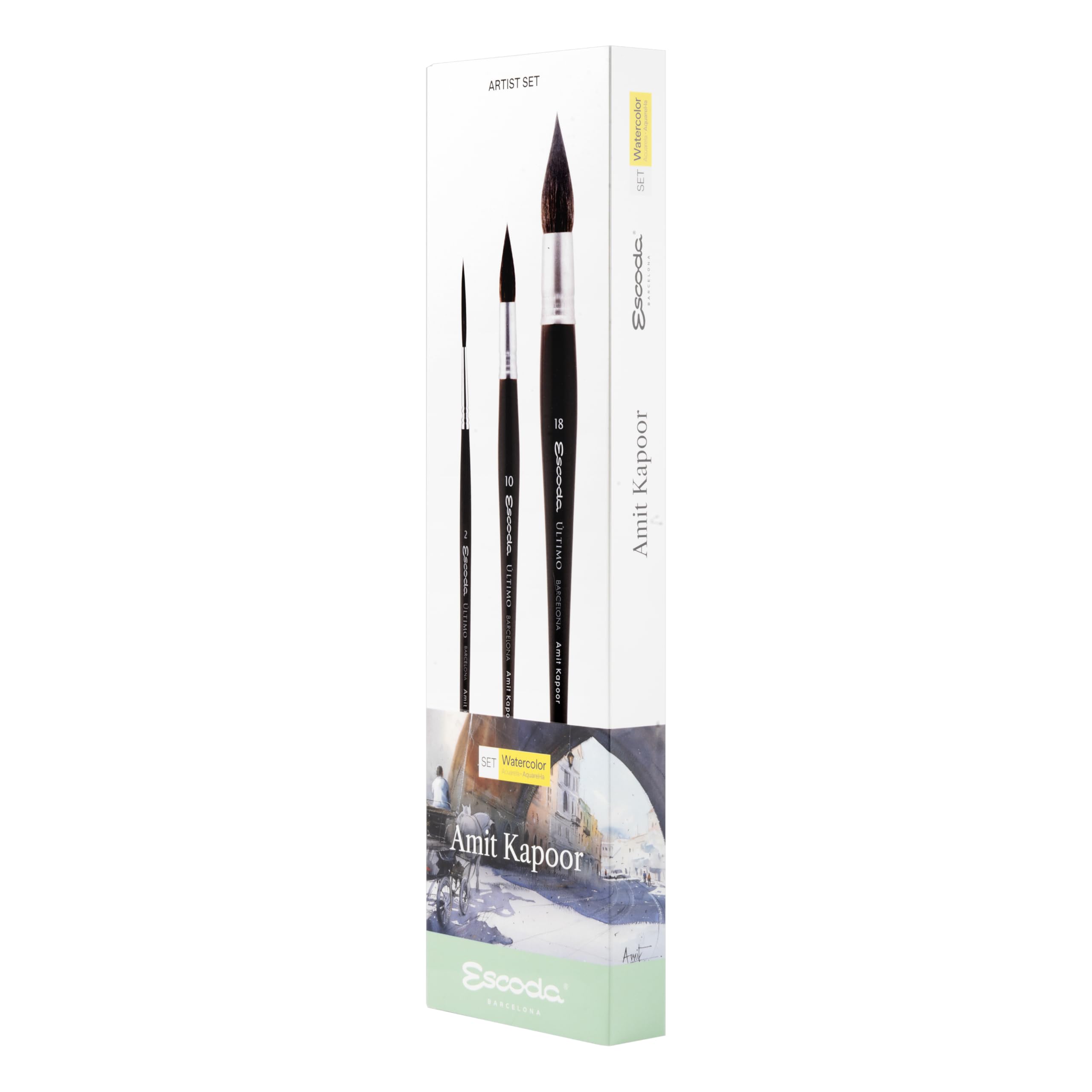 Escoda Signature Artist Aquarell-Pinsel-Set, Amit Kapoor Set #1, inklusive Ultimo (Synthetisches Eichhörnchen), Mopp, Größe 10 und 18, Ultimo Long Liner Größe 2