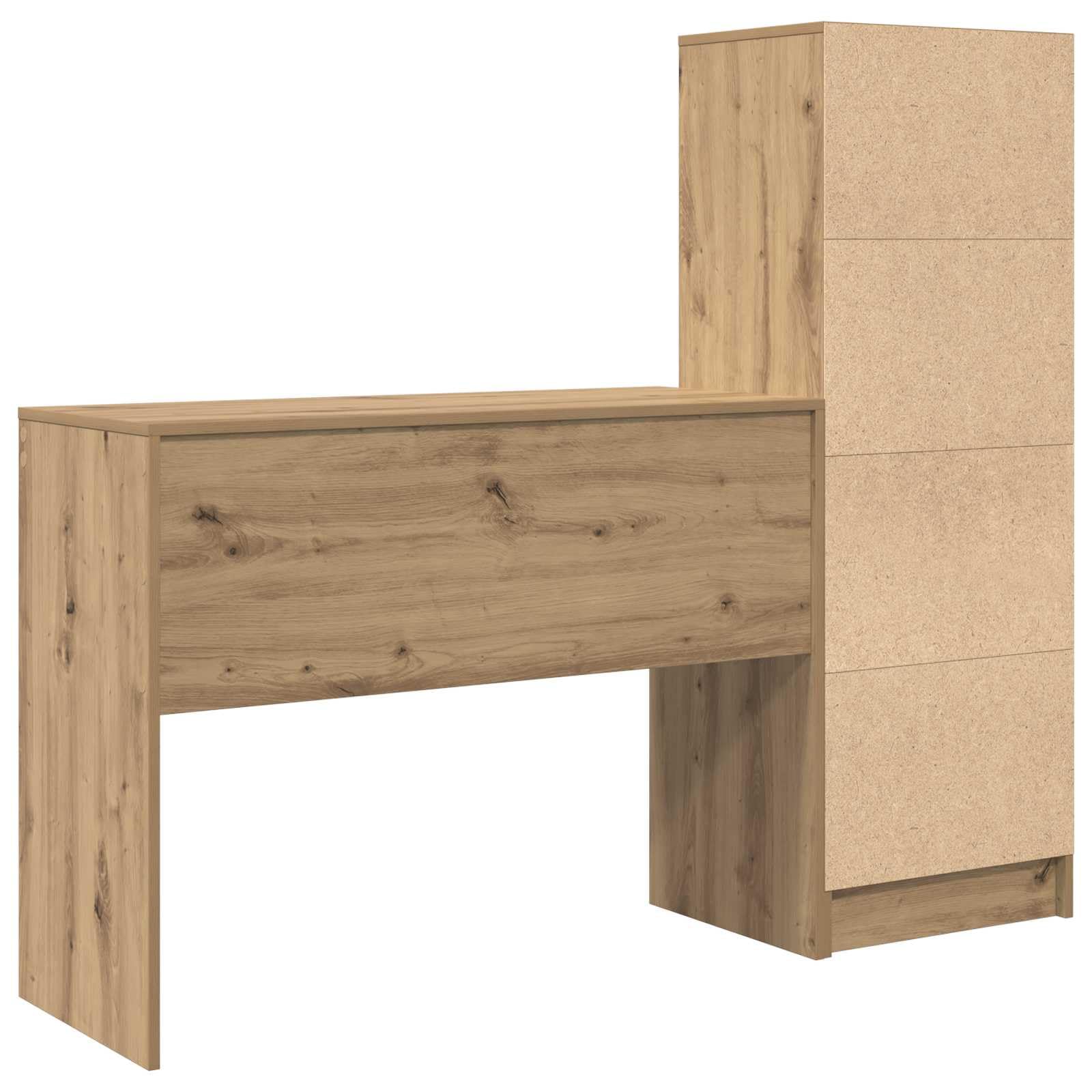 Scrivania in legno di ingegneria marrone con ripiani integrati, ampia superficie per computer e documenti, stile moderno minimalista per ufficio a casa