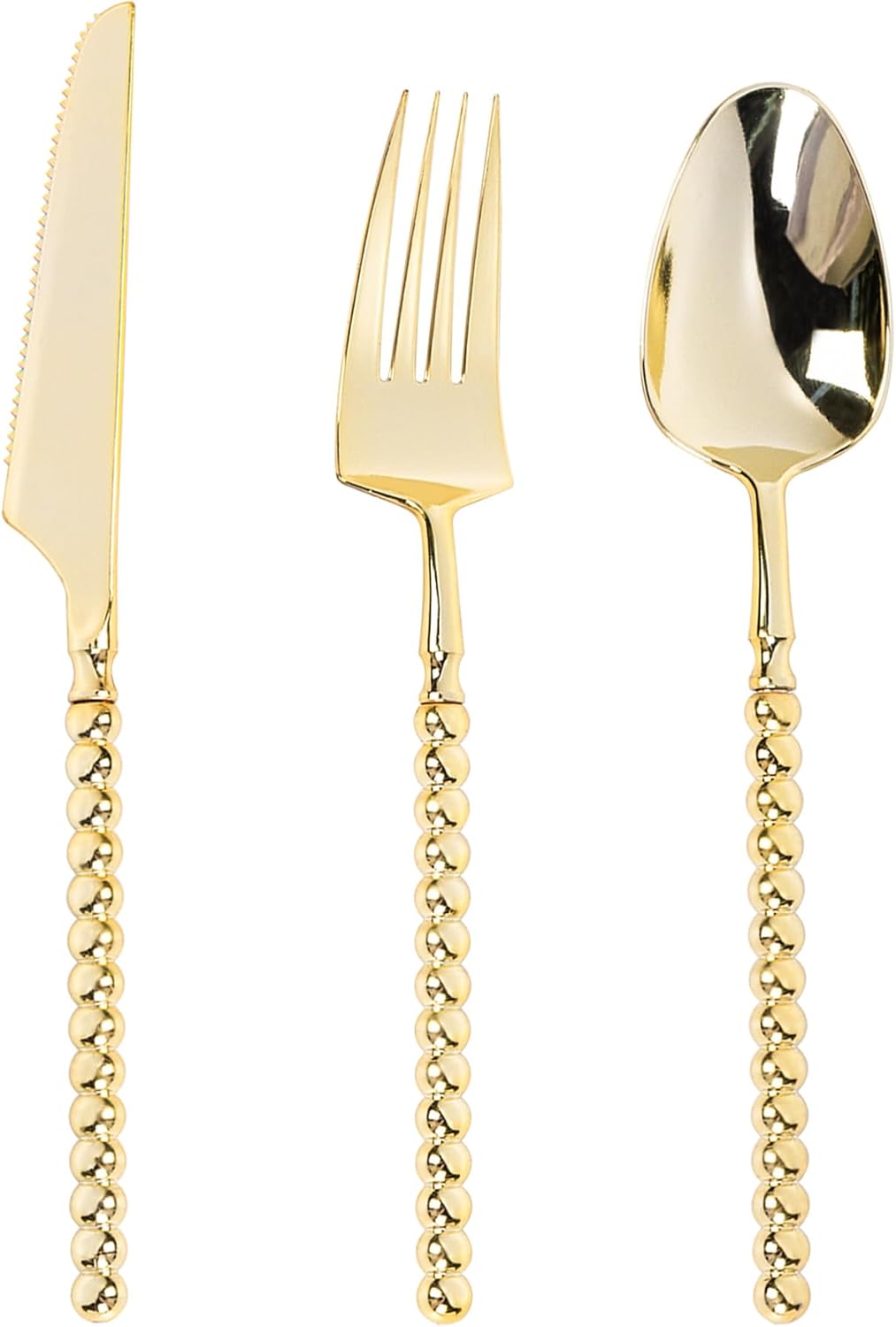 300PCS Gold Plastic Silverware, Heavy Duty utensils, Disposable Plastic Cutlery Silverware Include 100 Forks, 100 Knives, 100 Spoons for Party and Wedding, Gold Bead