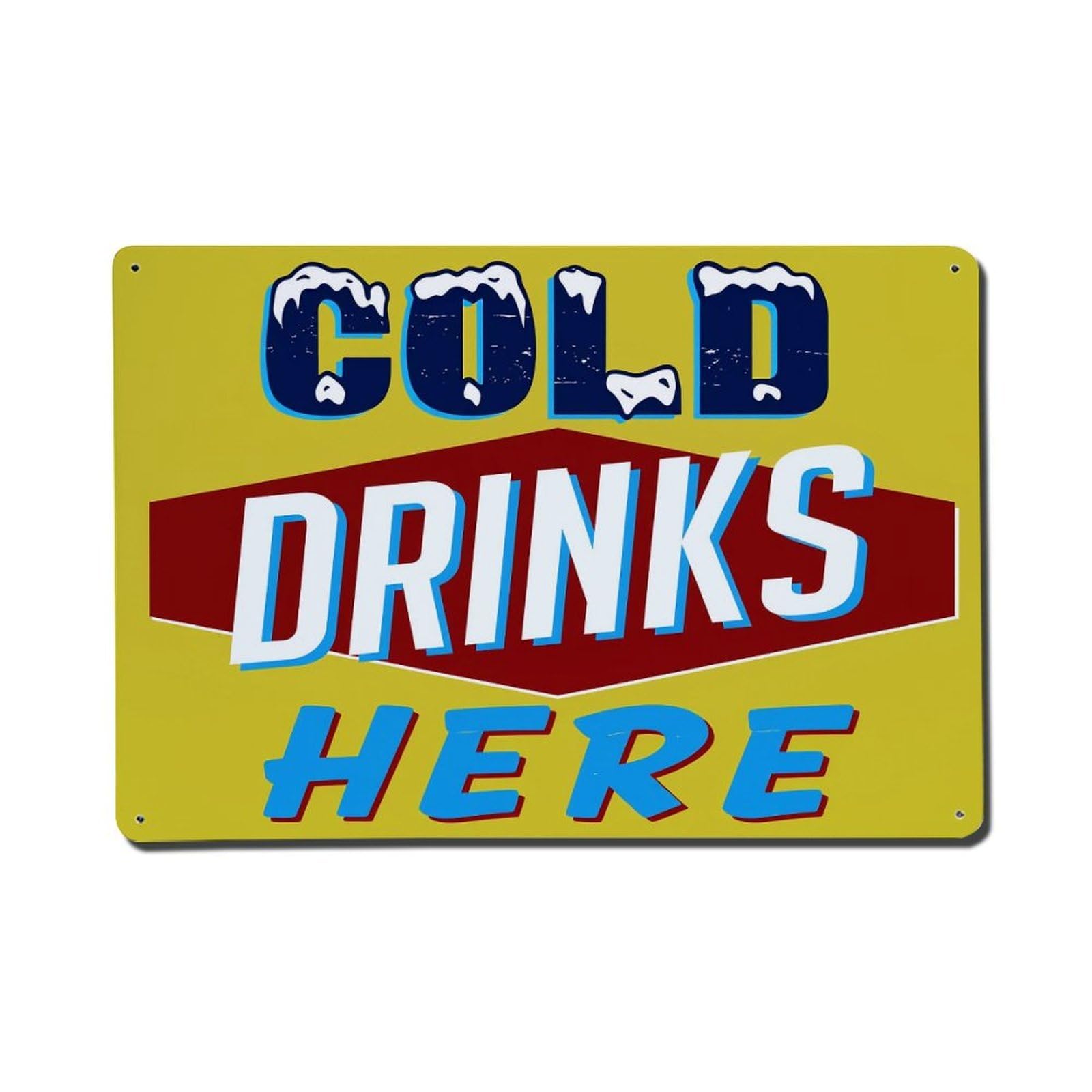 Enderetf Vintage Cold Drinks Here Sign Pattern Tin Sign Metal Poster, Home Bar Garage Man Cave Cafe Indoor & Outdoor Wall Decoration 8X12inches