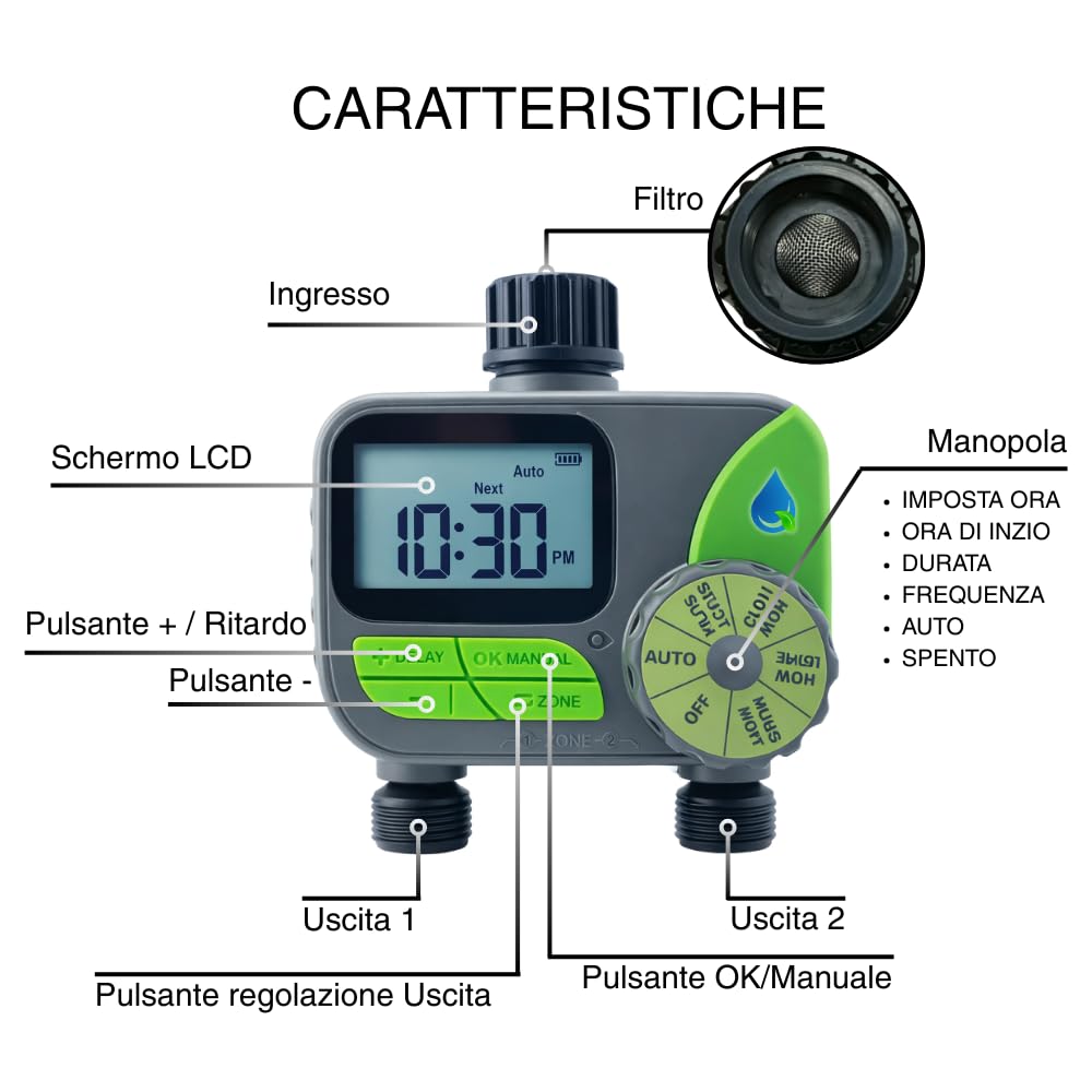acquaverde HydroSmart 2S | Centralina Irrigazione Automatica Digitale a Batteria, Timer Programmatore Acqua da Rubinetto 2 Stazioni per Orto e Giardino, Attacco 1/2”-3/4”, IP54