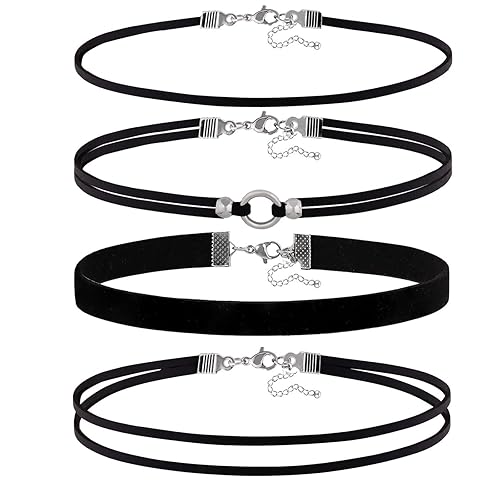 PINCHUAN Velvet Choker Necklace for women Black Lace Choker Layered Classic Black Choker Gothic Chokers for Halloween Cosplay jewelry Gift for Women - 4PCS black/B