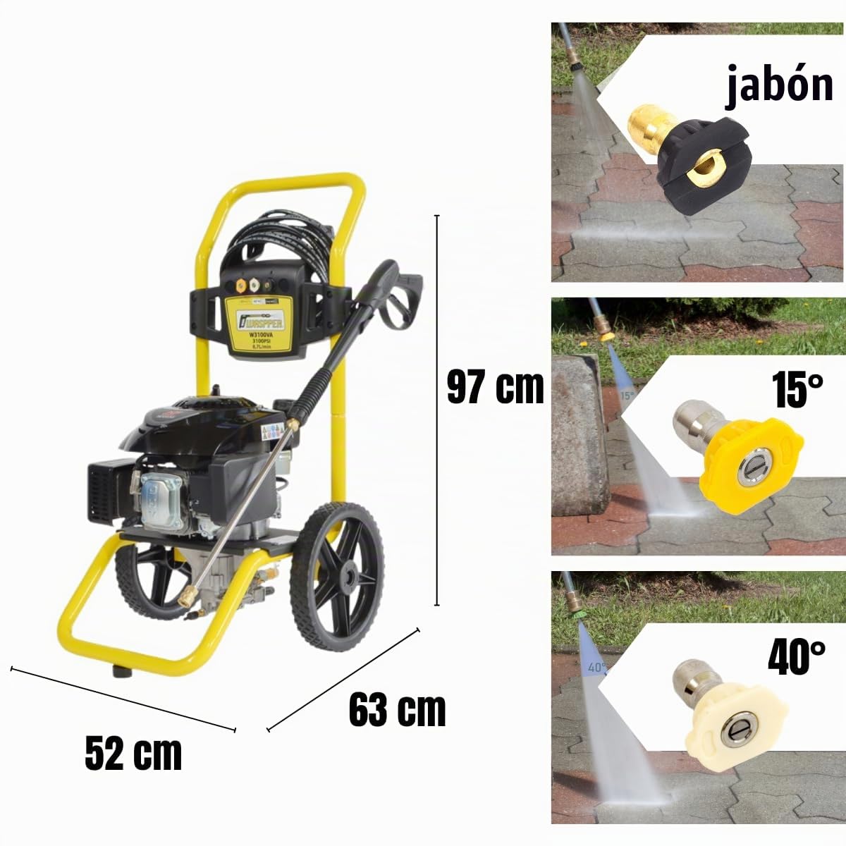 Hidrolimpiadora Gasolina 3100 PSI (213 Bar), Motor Ducar 196cc 4.3HP, Hidrolimpiadora de Alta Presión Portátil para Coches, Patio y Jardín, W3100VA WASPPER