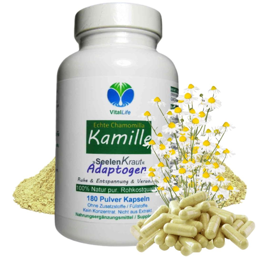 Echte KAMILLE Chamomilla Kamillenblüten 180 Kapseln - MAGEN & DARM - Adaptogen + Seelenkraut für ENTSPANNUNG. 100% NATUR PUR - OHNE ZUSATZSTOFFE. 27120-180