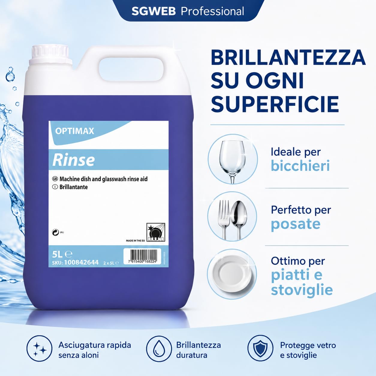 Brillantante Lavastoviglie Professionale 2 x 5L, Additivo Liquido per Risciacquo Stoviglie, Bicchieri e Posate, Asciugatura Rapida, Meno Aloni e Brillantezza Professionale