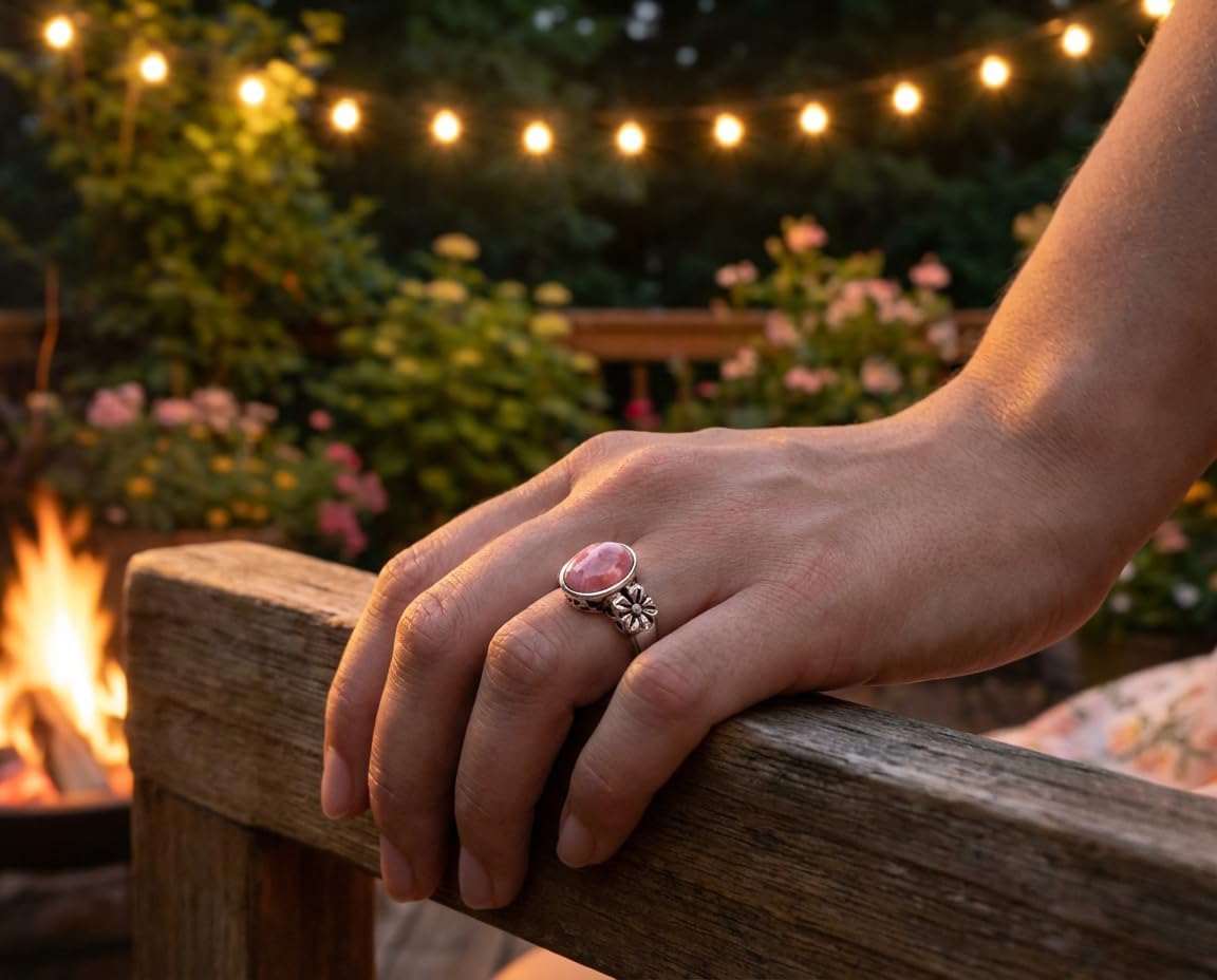 Bling Jewelry Western Boho Delicate Bezel Set Oval Cabochon Gemstone Ring: Rose Pink Rhodochrosite Turquoise Moonstone for Women Teen 1mm Thin Band Oxidized .925 Sterling Silver - Image 3