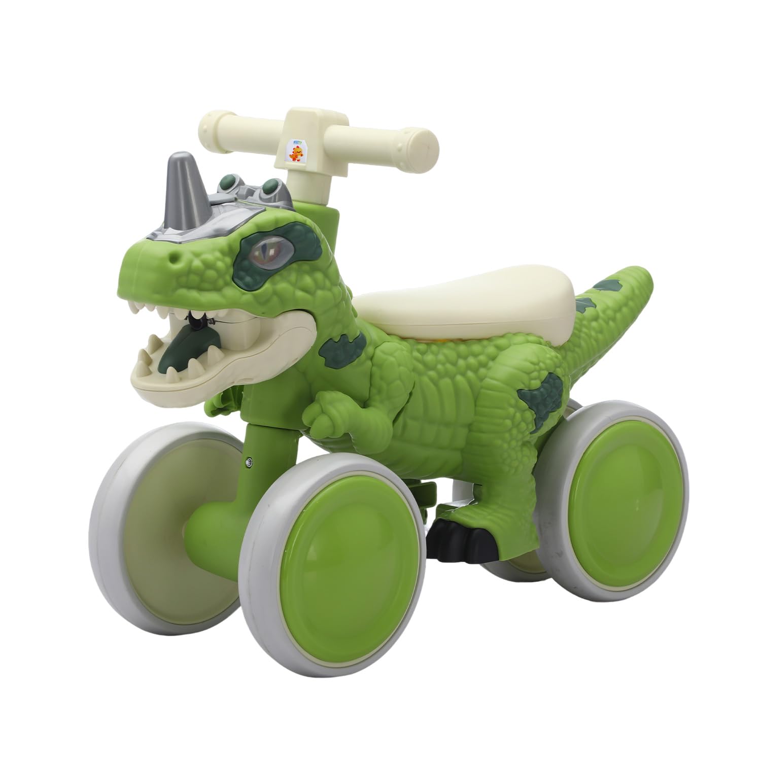 VIZZTY Dinosaur Balance Bike for 1-3 Year Olds, Toddler 4-Wheel No-Pedal Walker Scooter with Music & Mist Spray Effects, ASTM Certified First Birthday