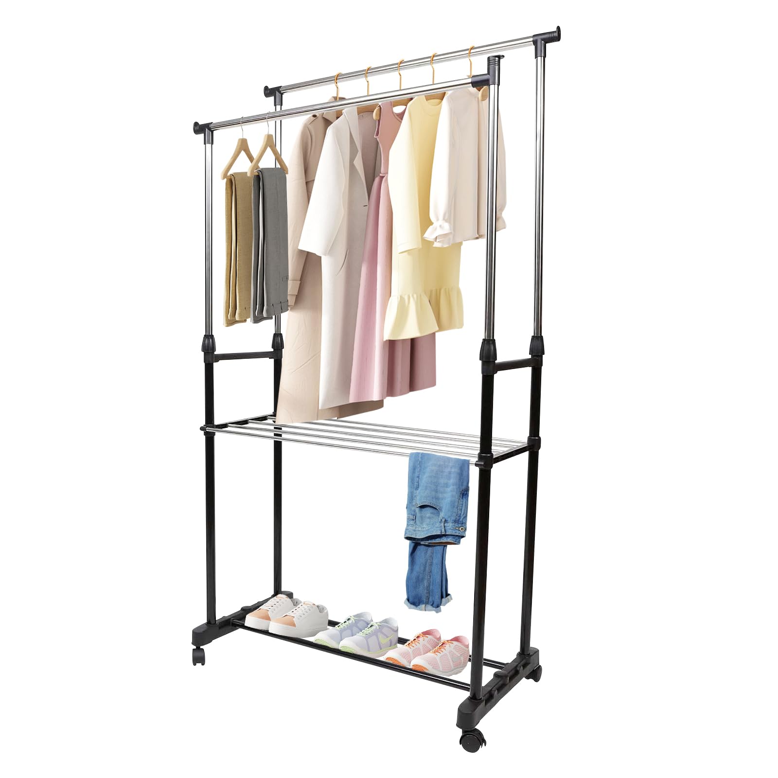 EASY SPEED Perchero de Ropa de Doble Barra con Ruedas, Pantalonero Resistente y Estable Perchero Extensible, Organización para Casa, Hogar, Tiendas, Metálico (80x43x160cm)